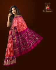 Orange Pochampally Ikat Saree with Pink Border and Pallu