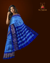 Blue Pochampally Ikat Saree with Thick Blue Border and Pallu