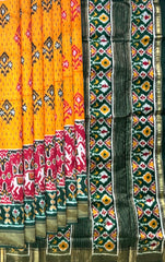 Yellow Pochampally Ikat Saree with Green Border and Pallu