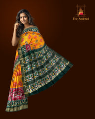 Yellow Pochampally Ikat Saree with Green Border and Pallu