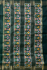 Yellow Pochampally Ikat Saree with Green Border and Pallu