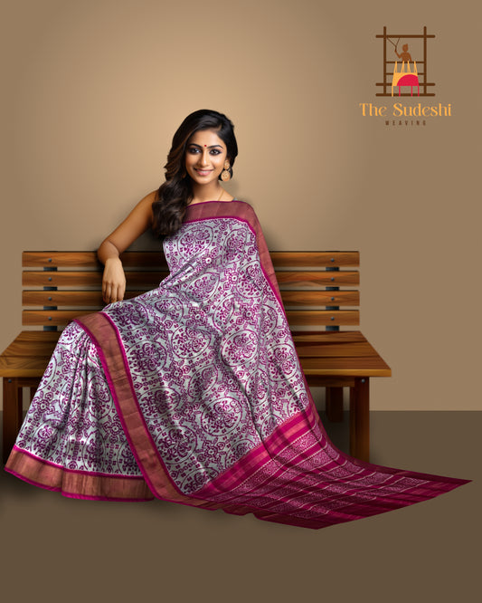 Grey Pochampally Ikat Saree with Pink Border and Pallu