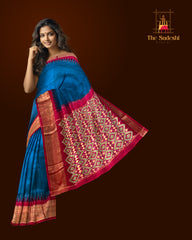 Blue Pochampally Ikat Saree with Pink Border and Pallu