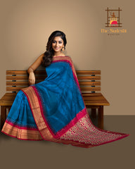 Blue Pochampally Ikat Saree with Pink Border and Pallu