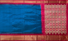 Blue Pochampally Ikat Saree with Pink Border and Pallu