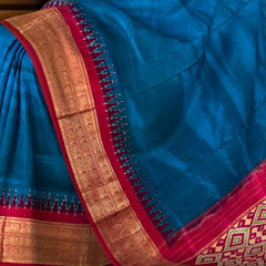 Blue Pochampally Ikat Saree with Pink Border and Pallu