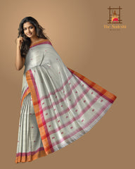White Modal-Eri Silk Saree with Orange Border