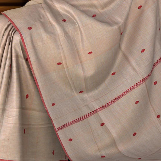Peach Eri Silk Kamrup Saree with Red Border