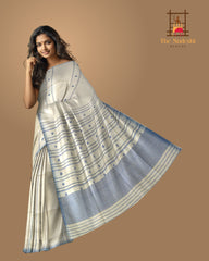 White Eri Silk Saree with Blue Border