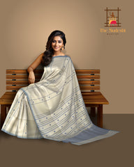 White Eri Silk Saree with Blue Border