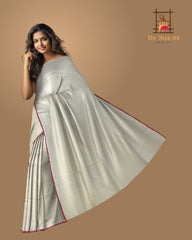 White Eri Silk Saree with Red Border