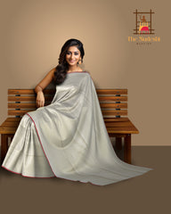 White Eri Silk Saree with Red Border