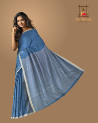 Blue Eri Silk Saree with White Border and Buttis