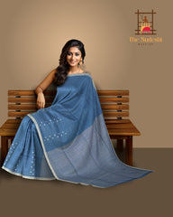 Blue Eri Silk Saree with White Border and Buttis