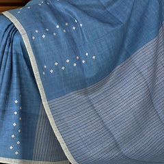 Blue Eri Silk Saree with White Border and Buttis