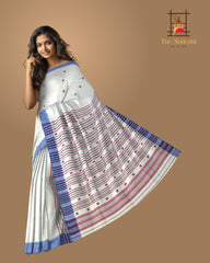 White Cotton Saree with Blue Border and Buttis