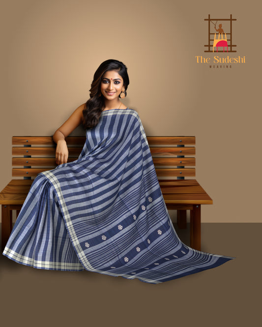 Blue Cotton Saree with White Border and Buttis in Pallu