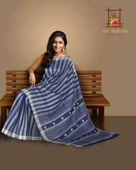 Blue Cotton Saree with White Border and Buttis in Pallu