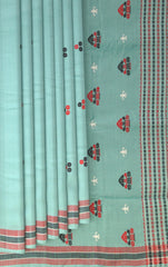 Blue Cotton Kamrup Saree with Red Border and Buttis