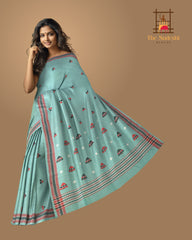 Blue Cotton Kamrup Saree with Red Border and Buttis