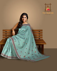Blue Cotton Kamrup Saree with Red Border and Buttis