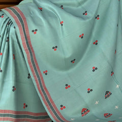 Blue Cotton Kamrup Saree with Red Border and Buttis