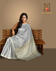 Blue Tussar Saree from Assam with Off-White Border and Pallu
