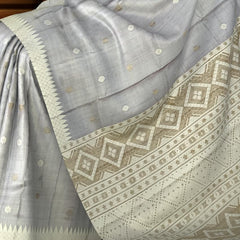 Blue Tussar Saree from Assam with Off-White Border and Pallu