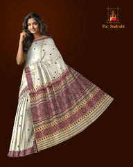 Beige Tussar Saree from Assam with Dark Maroon Border and Dark Pallu