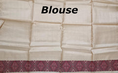 Beige Tussar Saree from Assam with Dark Maroon Border and Dark Pallu