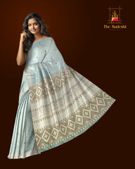 Blue Tussar Saree from Assam with Off-White Border and White Pallu