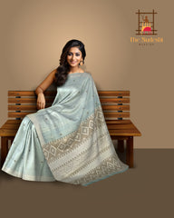 Blue Tussar Saree from Assam with Off-White Border and White Pallu