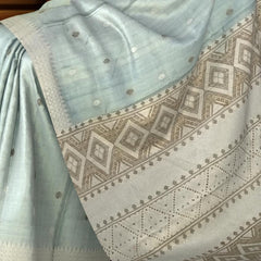 Blue Tussar Saree from Assam with Off-White Border and White Pallu