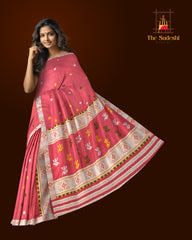 Pinkish Red Eri Saree from Assam with Light Pink Border and Red Pallu