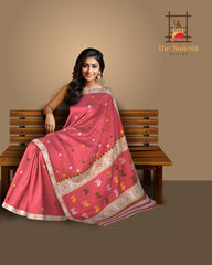 Pinkish Red Eri Saree from Assam with Light Pink Border and Red Pallu