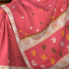 Pinkish Red Eri Saree from Assam with Light Pink Border and Red Pallu