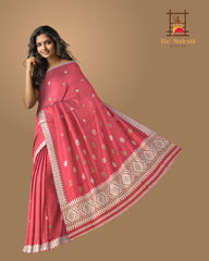 Pinkish Red Eri Saree from Assam with Light Pink Border and Pinkish Red Pallu