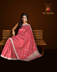 Pinkish Red Eri Saree from Assam with Light Pink Border and Pinkish Red Pallu