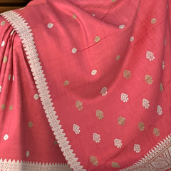 Pinkish Red Eri Saree from Assam with Light Pink Border and Pinkish Red Pallu