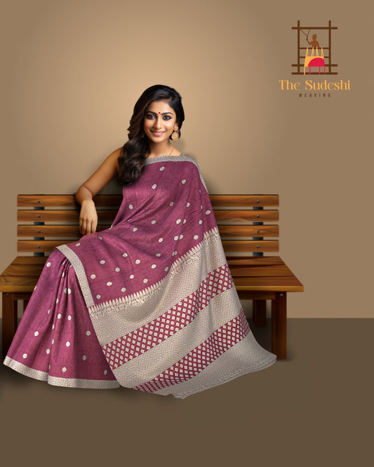 Reddish Purple Eri Saree from Assam with Off-White Border and Pallu