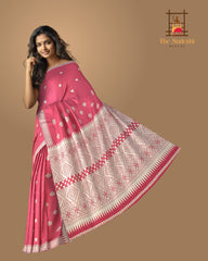 Pinkish Red Eri Saree from Assam with Light Pink Border and Pallu