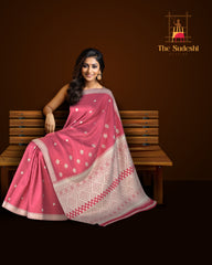 Pinkish Red Eri Saree from Assam with Light Pink Border and Pallu