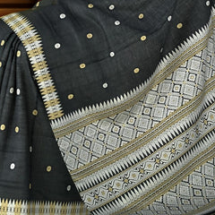 Black Eri Saree from Assam with Off-White Border and Pallu