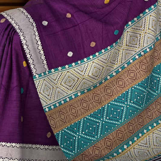 Violet Eri Saree from Assam with Lavender Border and Blue Pallu