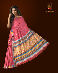 Red merge Eri Tussar Saree from Assam with Multicolor Border and Pallu