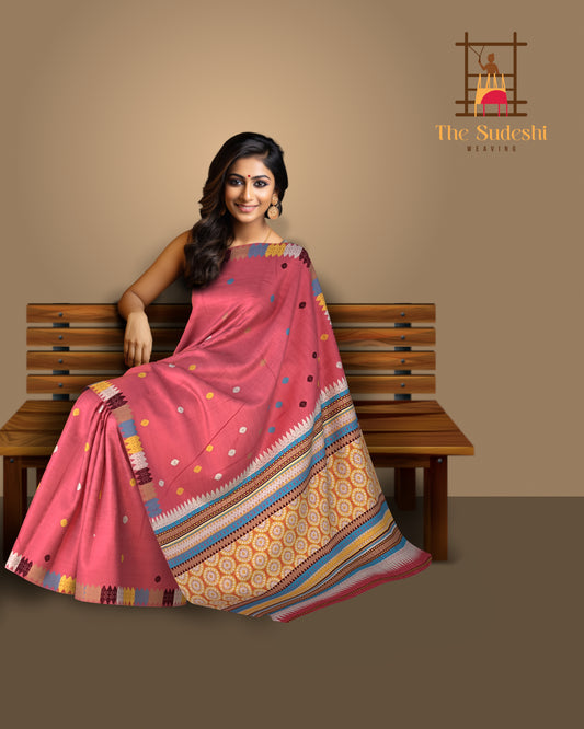 Red merge Eri Tussar Saree from Assam with Multicolor Border and Pallu
