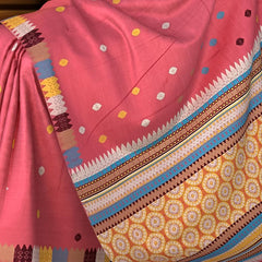 Red merge Eri Tussar Saree from Assam with Multicolor Border and Pallu