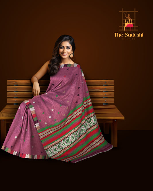 Purple Eri Saree from Assam with Multicolor Border and Pallu