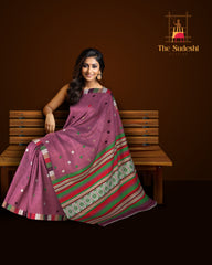 Purple Eri Saree from Assam with Multicolor Border and Pallu