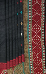 Black Eri Saree from Assam with Dark Red Border and Multicolor Pallu